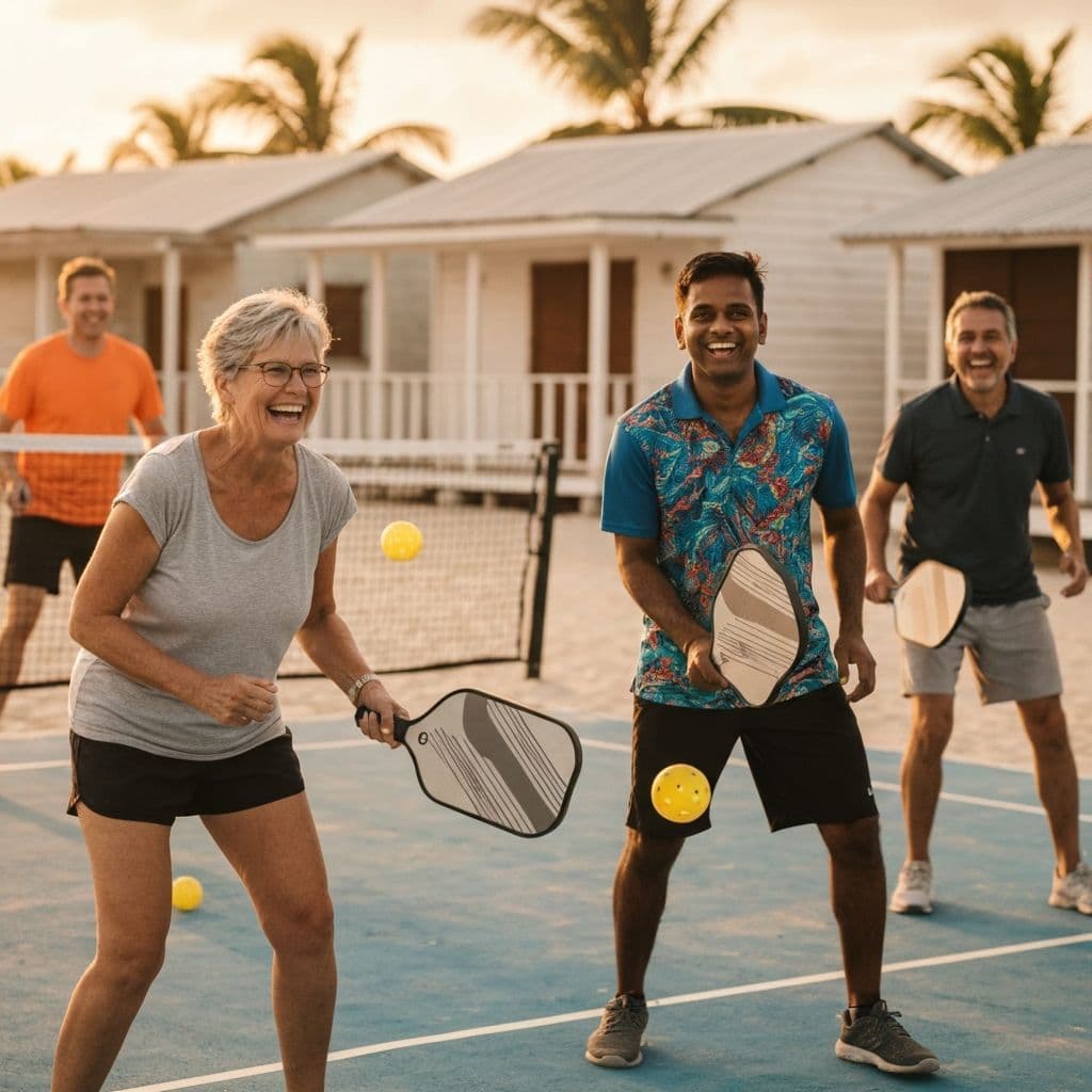 Happy group of pickleball players at an affordable beachside court