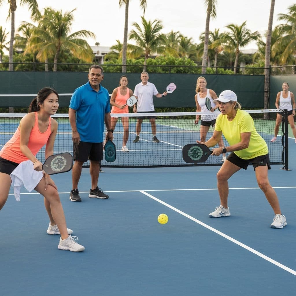 Pickleball players of different skill levels on resort courts