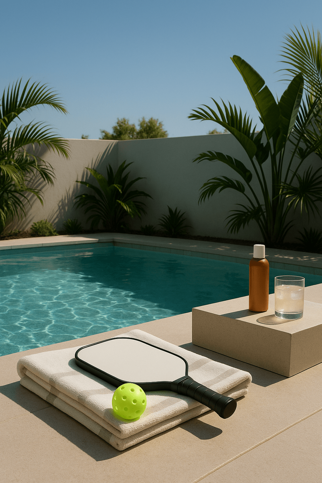 Pickleball paddle and balls poolside at a luxury resort with tropical palms