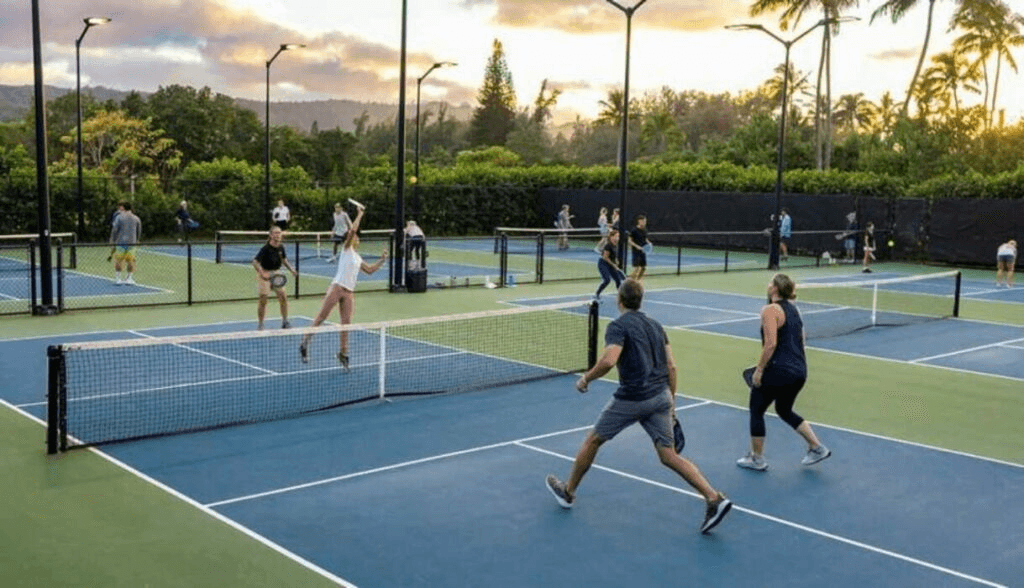 Players enjoying pickleball on multiple courts in a tropical setting with palm trees
